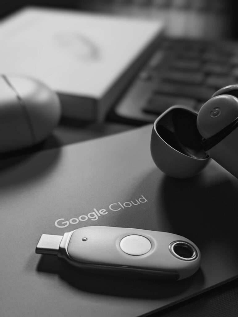 Google Cloud Security Key on Desk – Privacy Policy Data Protection Concept